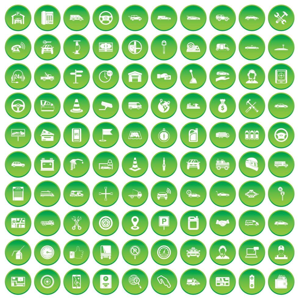 100 ícones automáticos definir círculo verde vetor