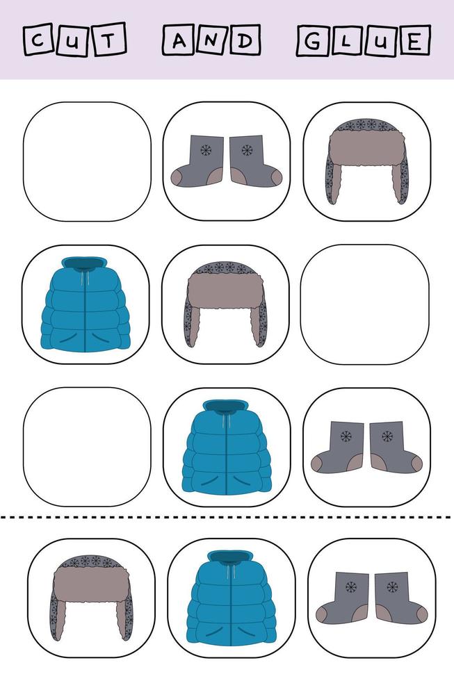 ilustração em vetor de um casaco, chapéu, botas sem o elemento necessário. jogo de papel para o desenvolvimento de pré-escolares. recorte partes da imagem e cole