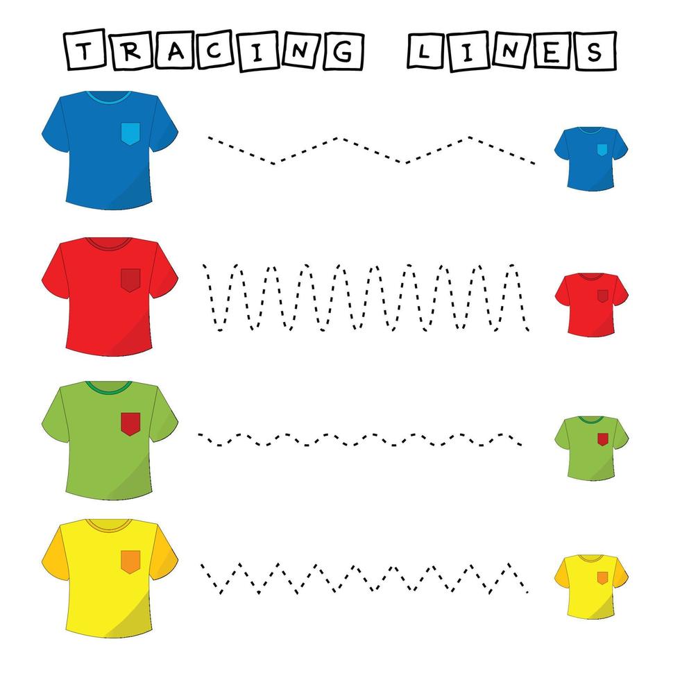 planilha de linha de rastreamento com camiseta para crianças, praticando habilidades motoras finas. jogo educativo para crianças pré-escolares. vetor
