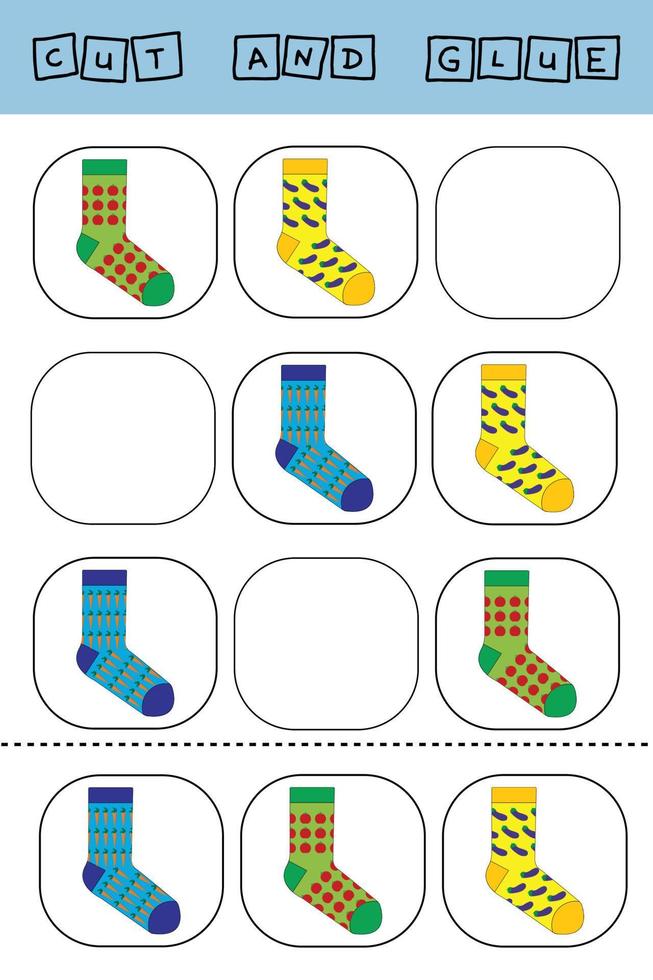 ilustração em vetor de meias sem o elemento necessário. jogo de papel para o desenvolvimento de pré-escolares. recorte partes da imagem e cole