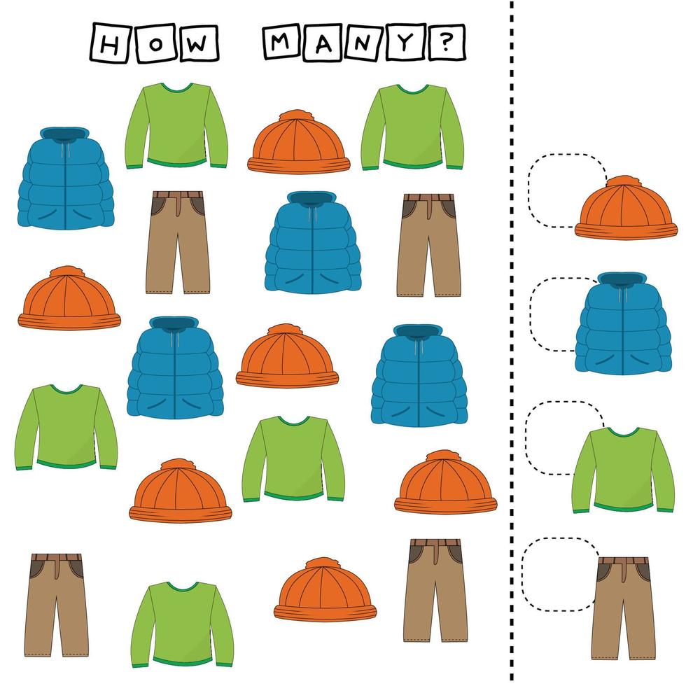 jogo de contagem para crianças pré-escolares. contar quantas roupas chapéu, casaco, manga comprida, calças vetor