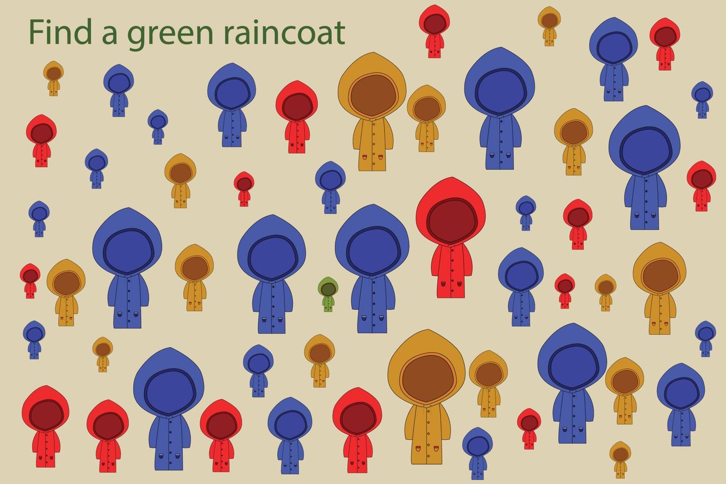 encontre a capa de chuva verde entre as outras. planilha pré-escolar, planilha para crianças, planilha para impressão vetor