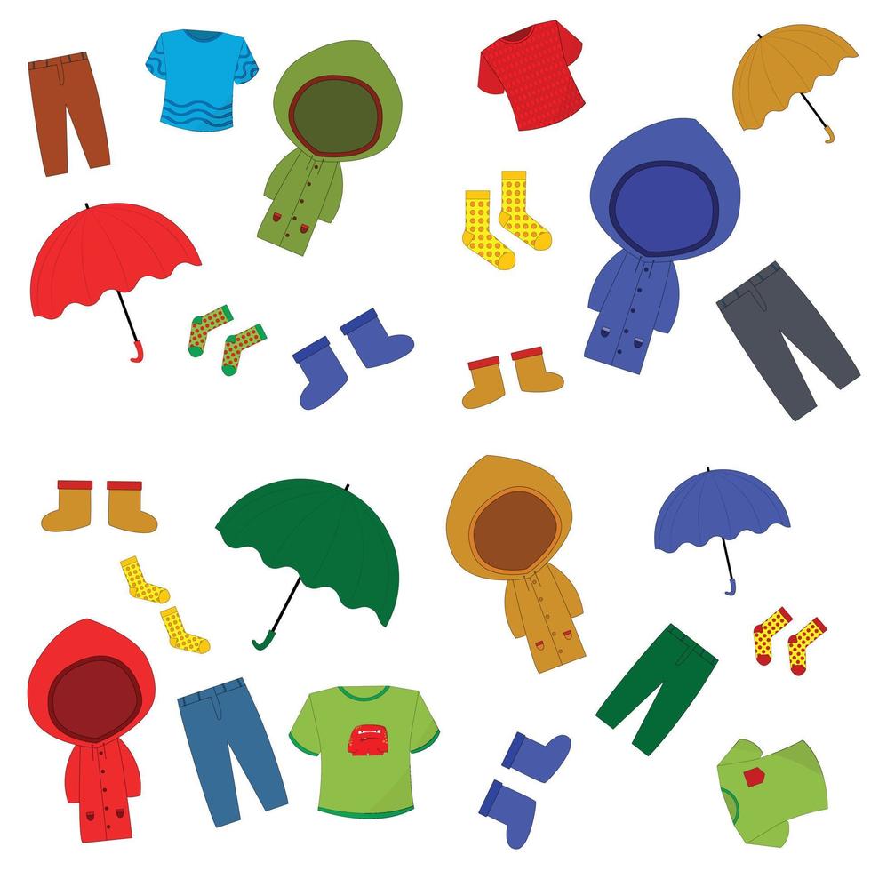 um conjunto de roupas para um menino para camiseta de outono, calças, capa de chuva, guarda-chuva, botas, meias. roupa para uma criança para o outono vetor