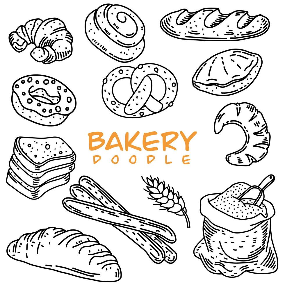 banner ou cartaz com vários produtos de pão de padaria desenhados à mão vetor