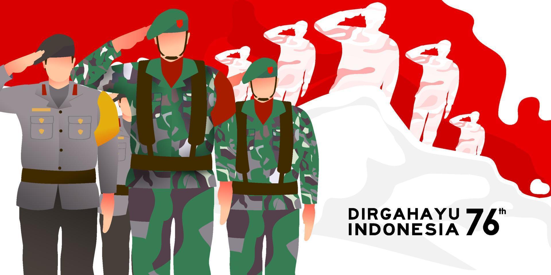 exército e polícia comemorando o feliz dia da independência indonésia juntos. 76 tahun kemerdekaan indonésia se traduz em 76 anos dia da independência da indonésia vetor