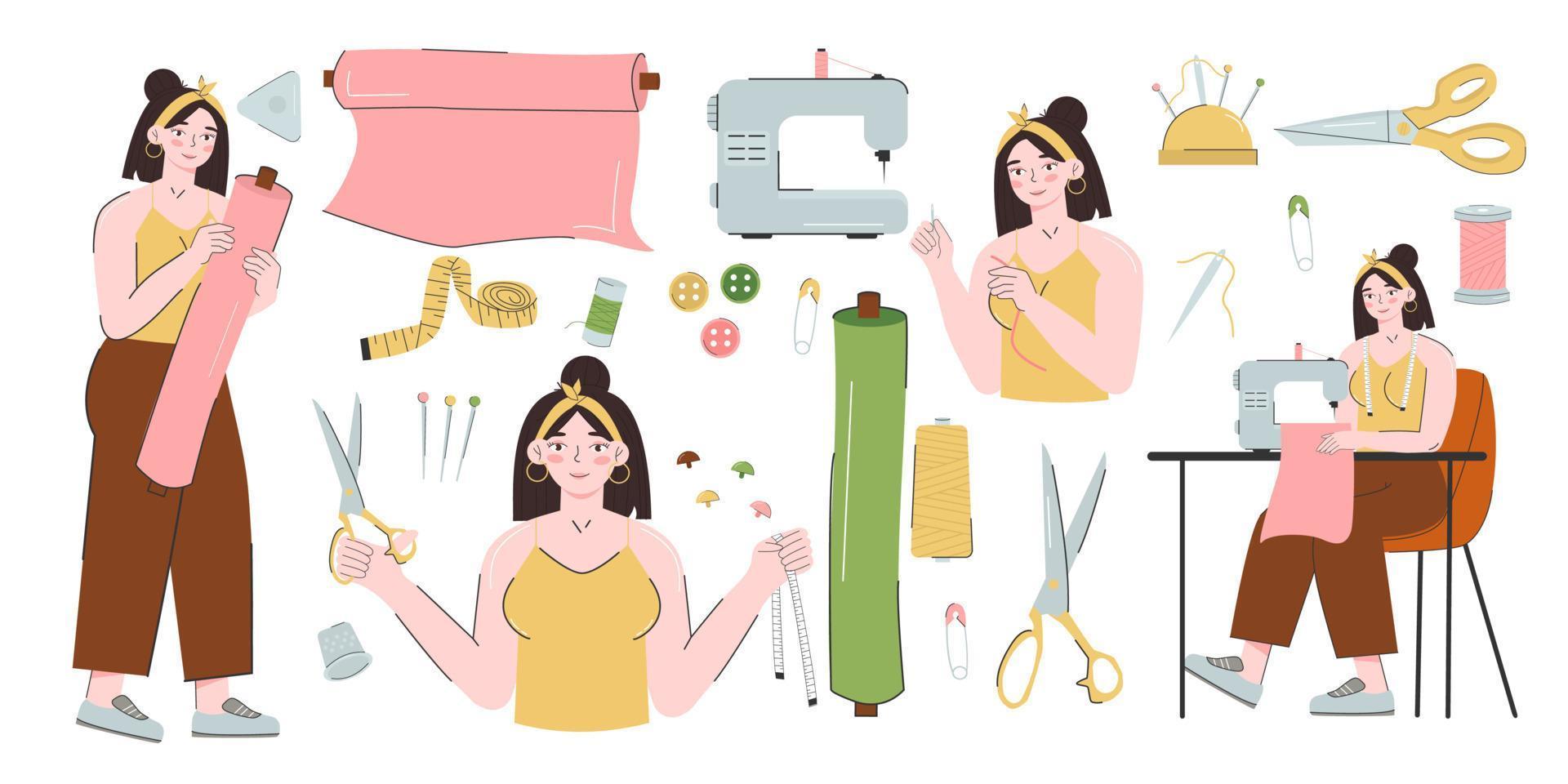 mulher jovem costureira e um conjunto de ferramentas de costura. bordado, artesanato, hobbies. estilista, costureira. ilustração vetorial em um fundo branco vetor