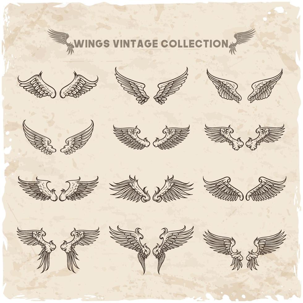 conjunto de asas detalhadas de anjo de xilogravura gravada vintage desenhada à mão ou pássaro. asas heráldicas para desenho de tatuagem e mascote. vetor de coleção de esboço isolado.