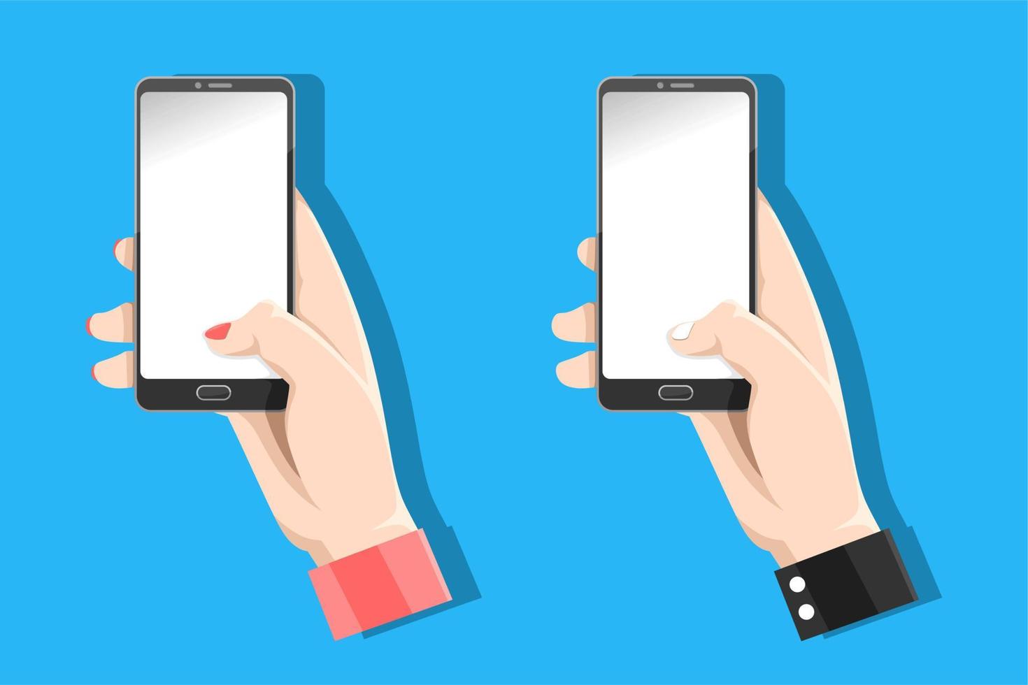 mão masculina e feminina segurando um smartphone em um fundo azul. modelo. ilustração vetorial plana vetor