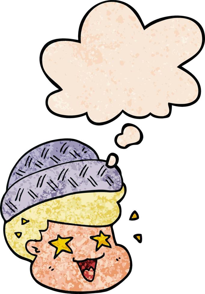 menino de desenho animado usando chapéu e balão de pensamento no estilo de padrão de textura grunge vetor