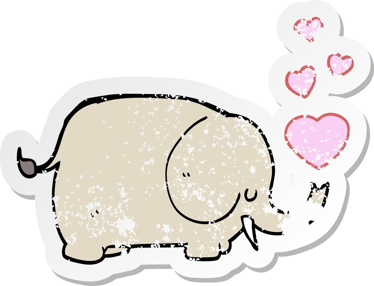 adesivo angustiado de um elefante de desenho animado fofo com corações de amor vetor