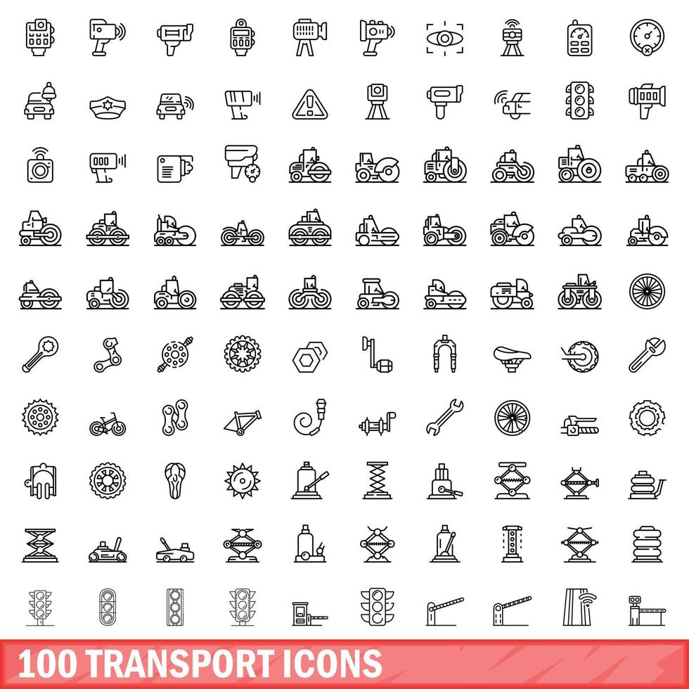 conjunto de 100 ícones de transporte, estilo de estrutura de tópicos vetor