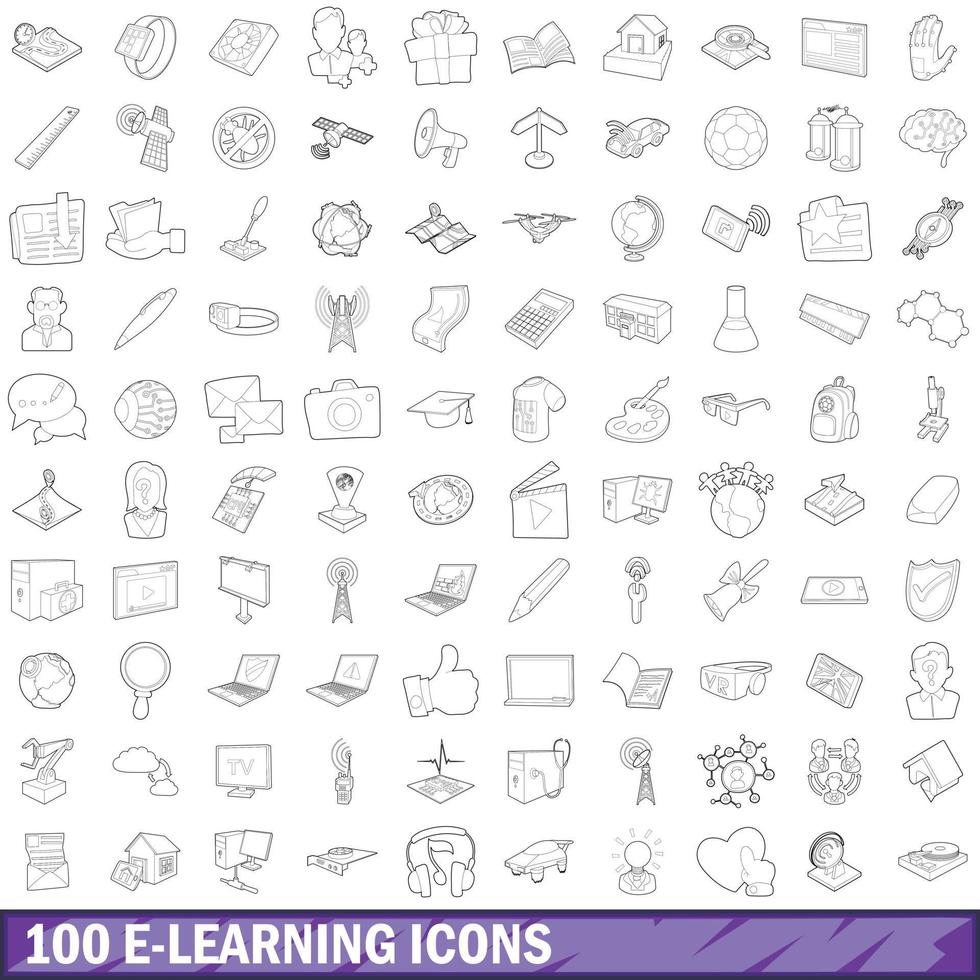 Conjunto de 100 ícones de e-learning, estilo de estrutura de tópicos vetor