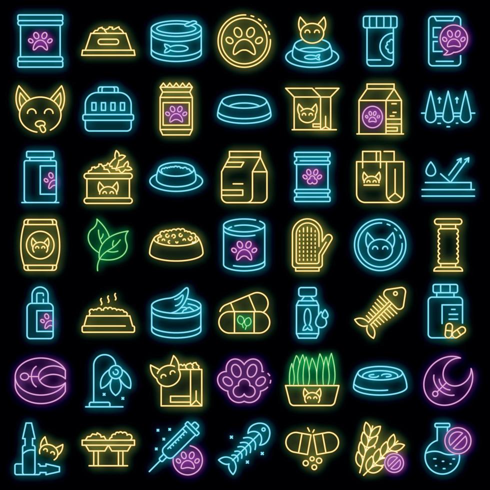 conjunto de ícones de comida de gato neon vector