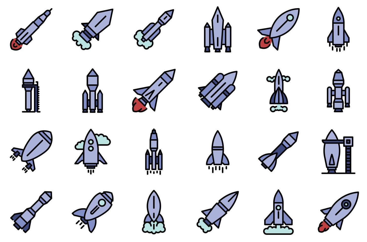 ícones de lançamento de nave espacial definir vetor de cor de linha
