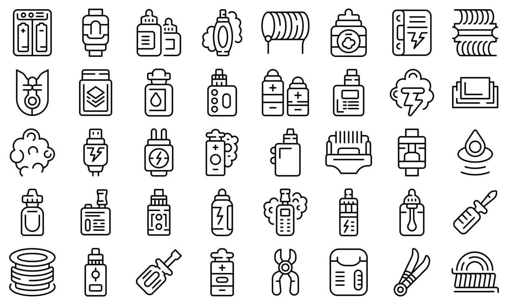 ícones de acessórios de cigarro eletrônico definir vetor de contorno. algodão líquido