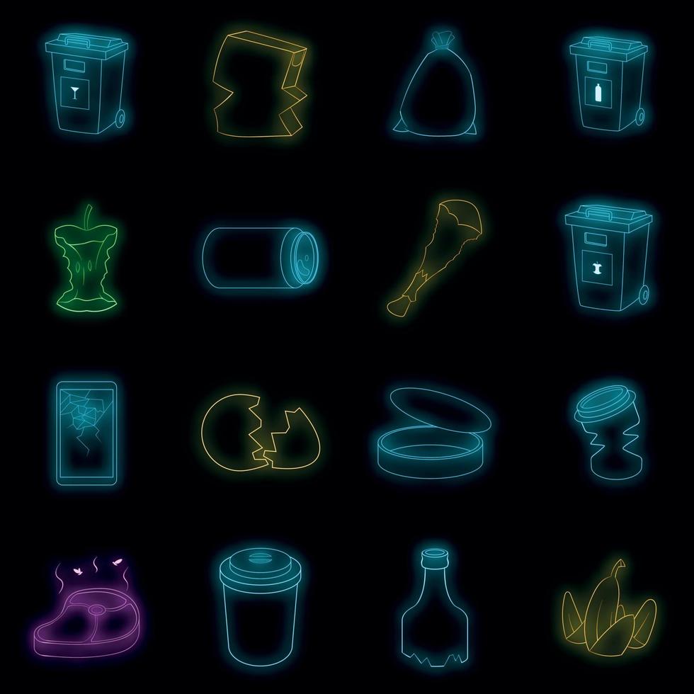 conjunto de ícones de itens de lixo vector neon