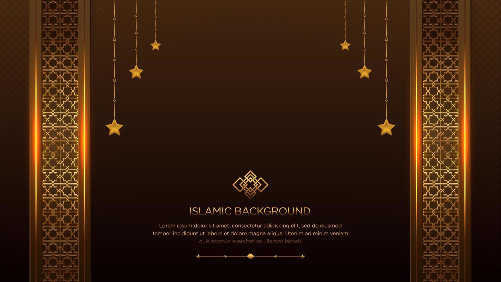 fundo ornamental islâmico de luxo escuro e dourado borda islâmica e ornamento decorativo de estrelas penduradas com padrão árabe e ornamento decorativo vetor