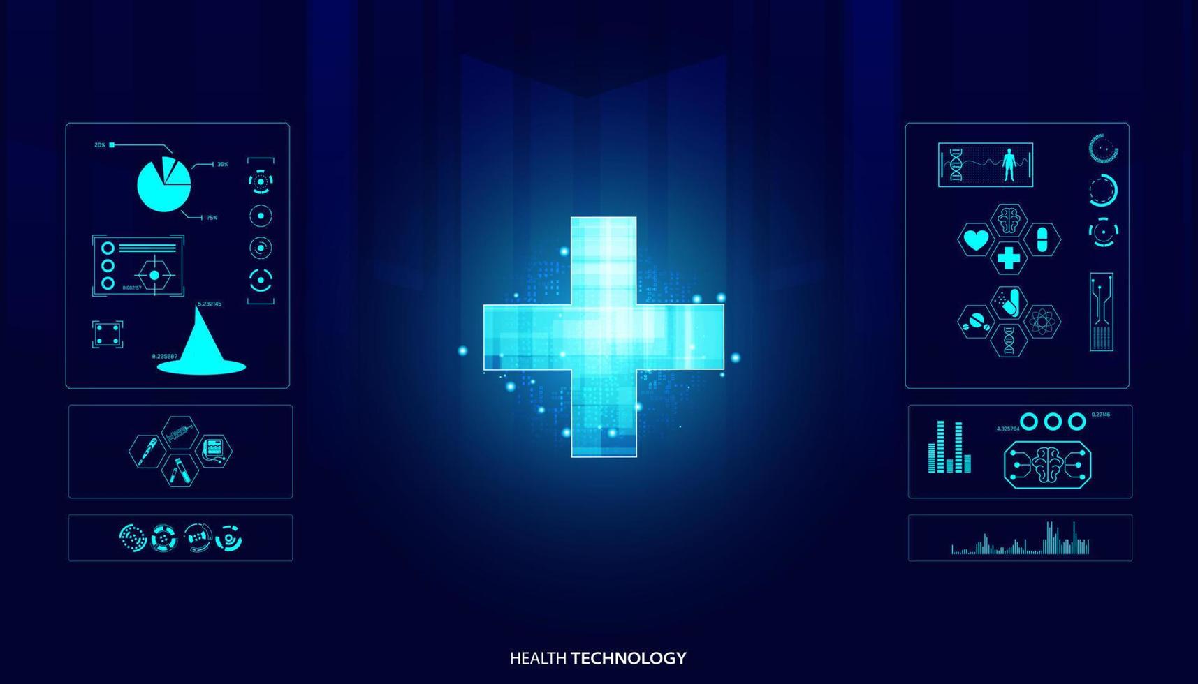 a ciência da saúde abstrata consiste saúde mais ícones do círculo conceito de tecnologia digital médico moderno em fundo azul futuro de alta tecnologia. vetor