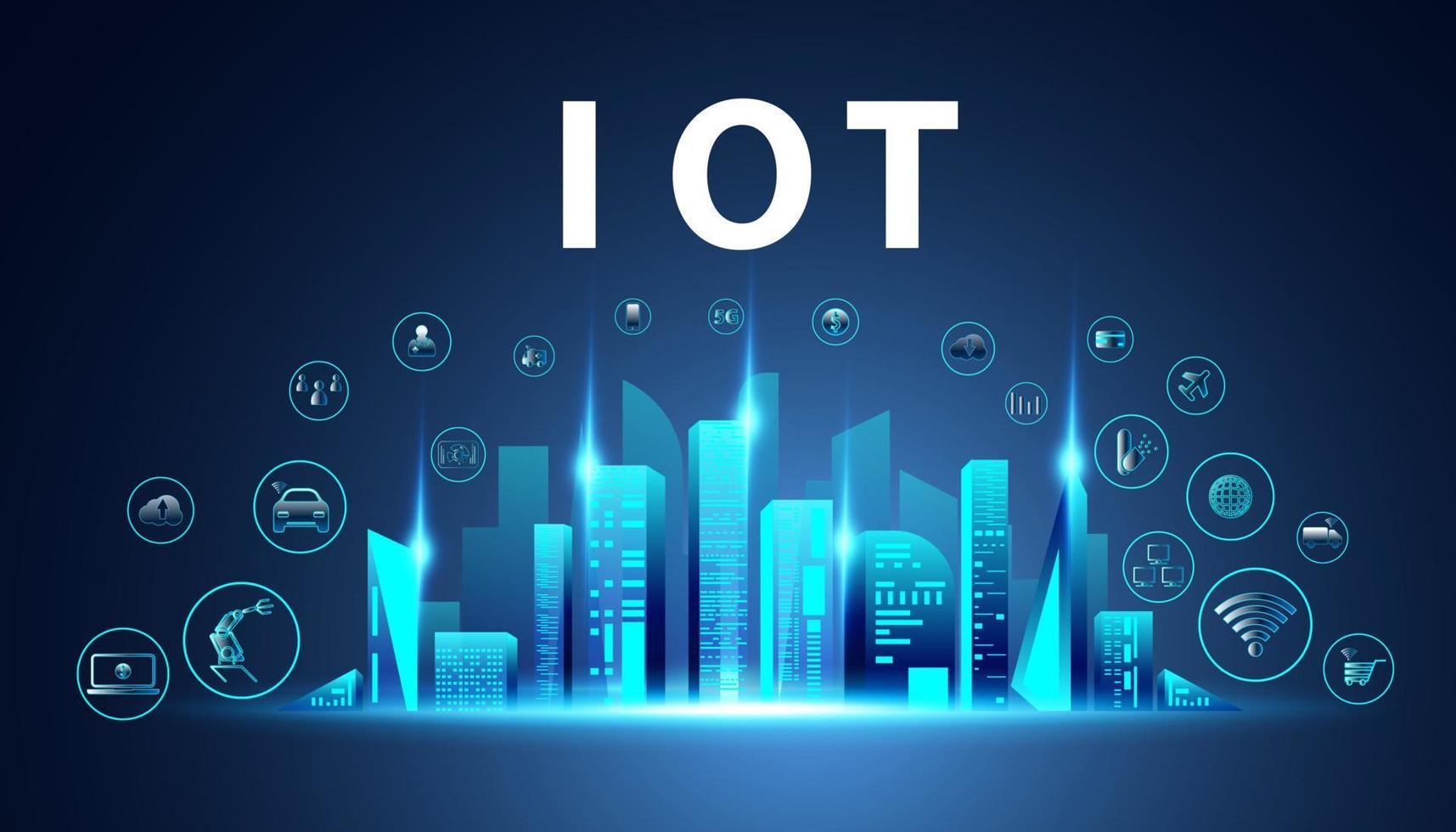 internet abstrata das coisas conceito cidade 5g.iot internet das coisas comunicação rede inovação tecnologia conceito icon.connect dispositivos sem fio e tecnologia de inovação de rede. vetor