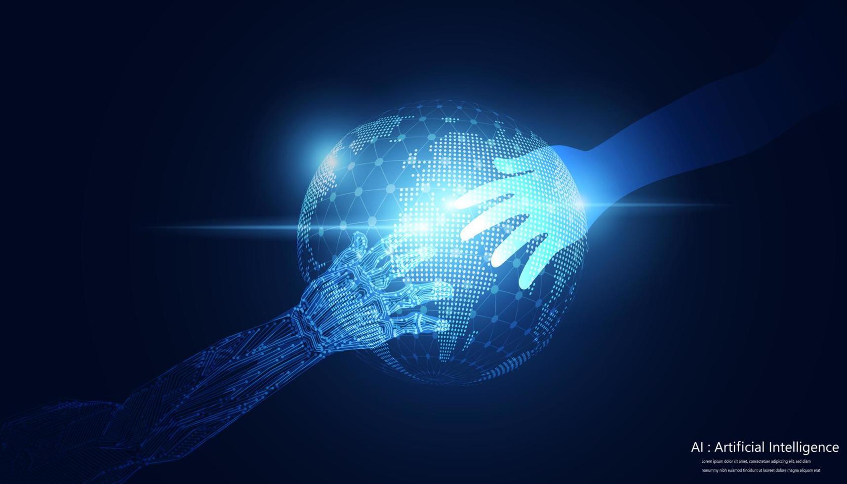 abstract, uma mão robótica e uma mão humana, unem forças para criar novas inovações. coexistência de inteligência artificial de humanos e robôs em fundo futuro azul de alta tecnologia. vetor