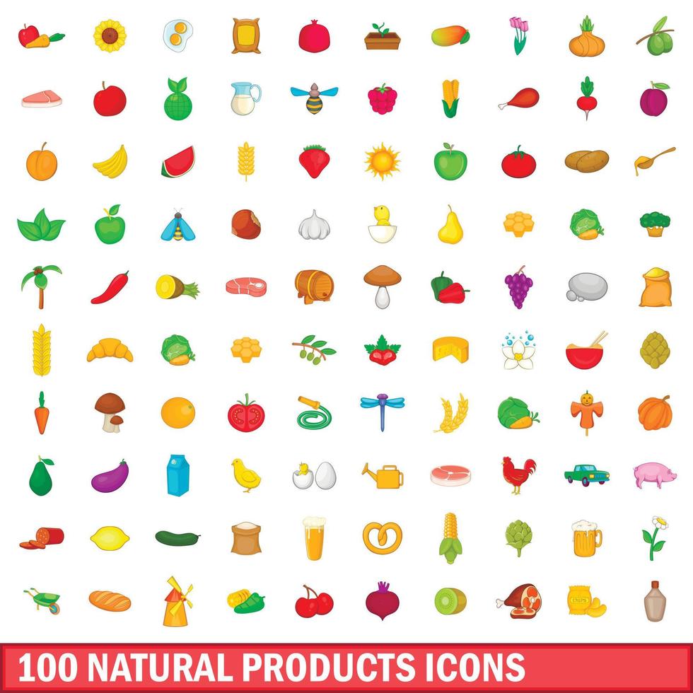 conjunto de 100 ícones de produtos naturais, estilo cartoon vetor