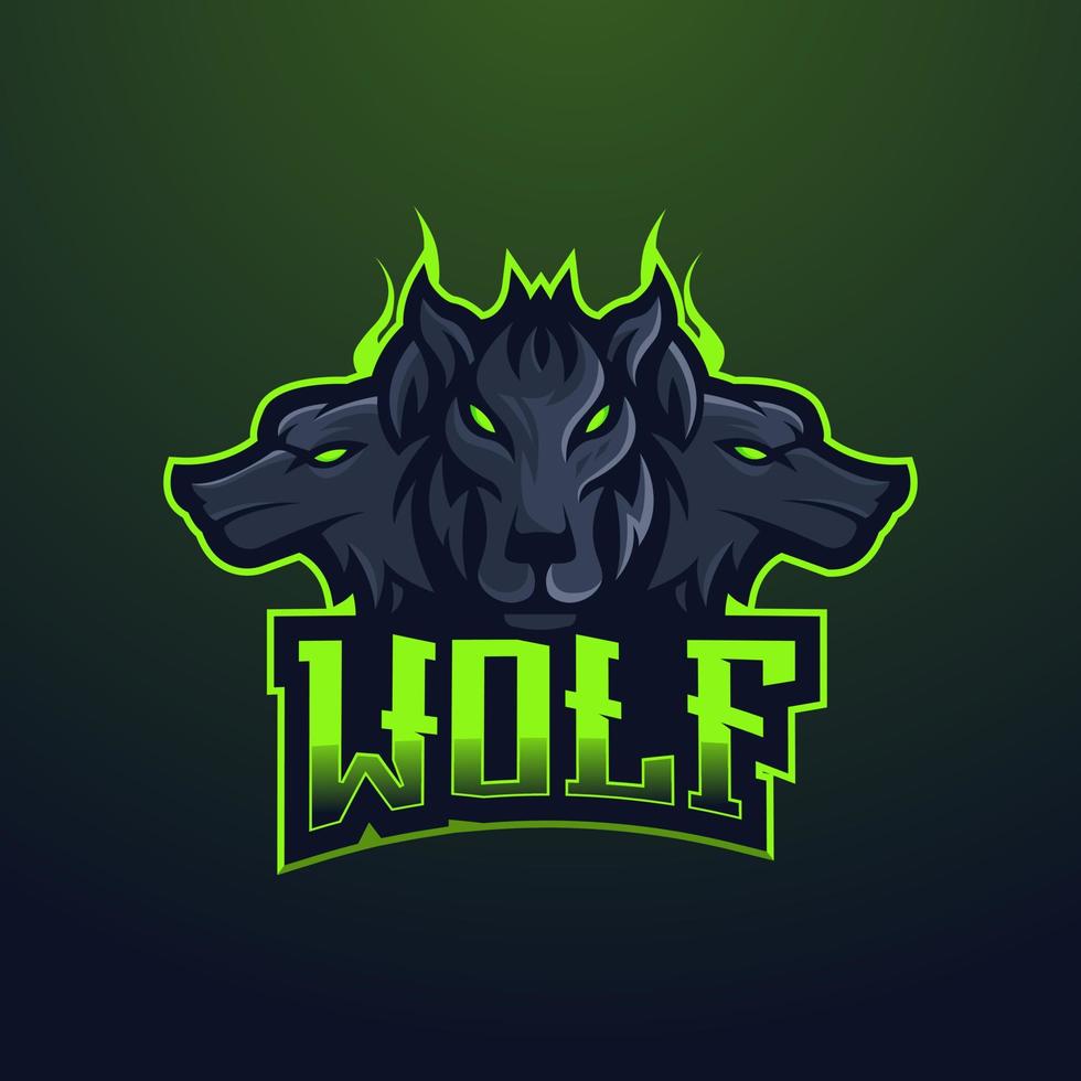 design de logotipo de mascote de lobo. três lobos negros para jogos vetor