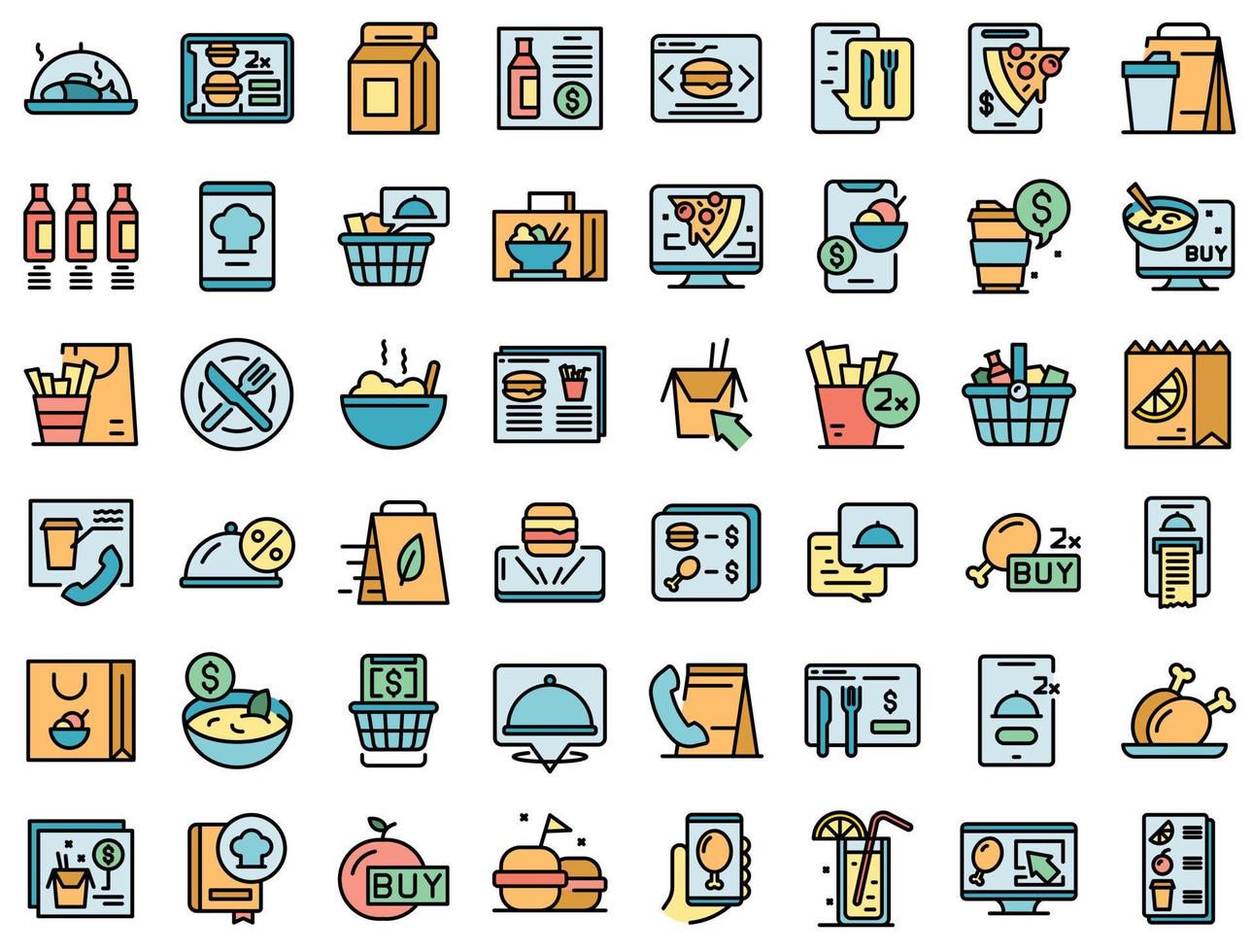 conjunto de ícones de pedidos de comida on-line plano de vetor