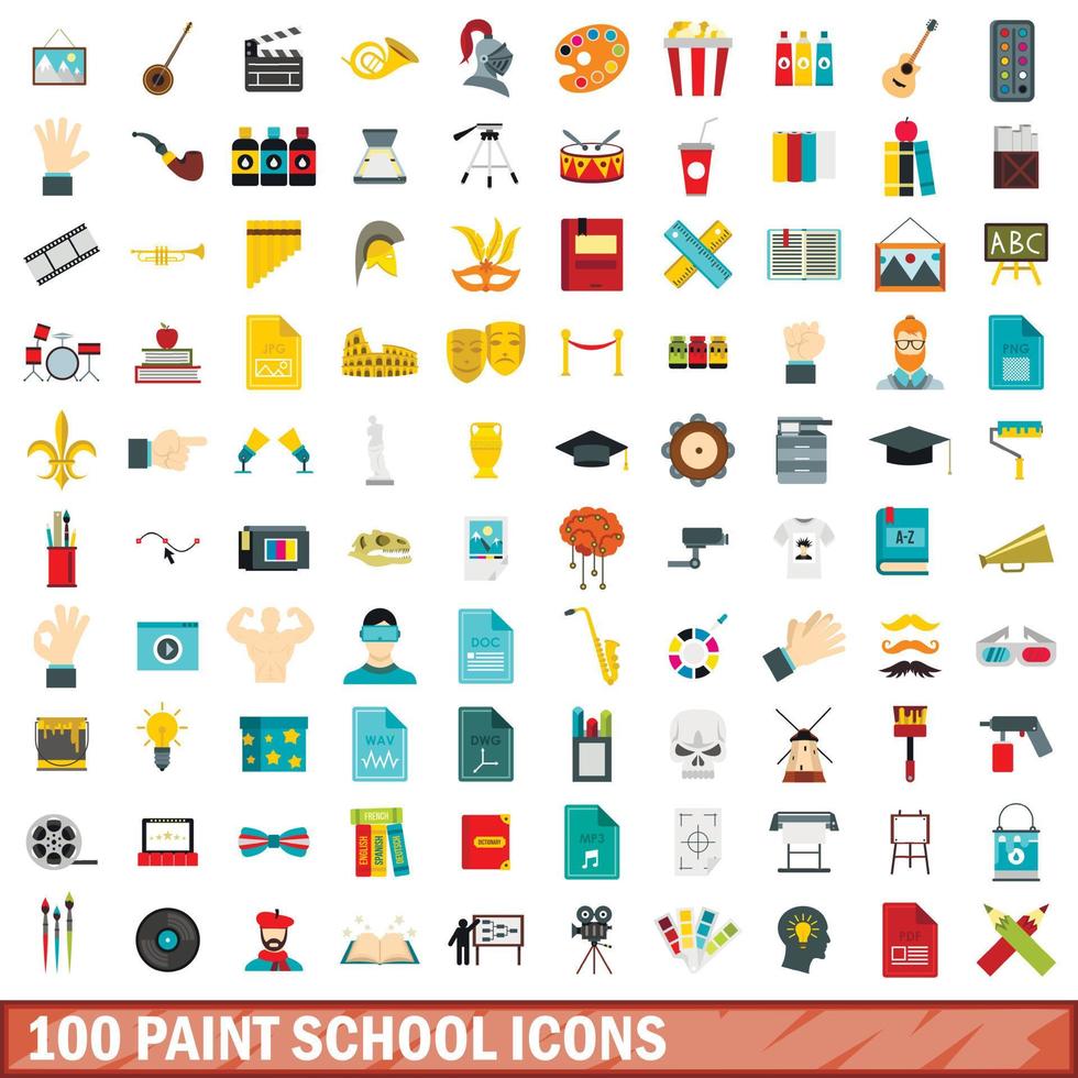 conjunto de 100 ícones de escola de pintura, estilo simples vetor