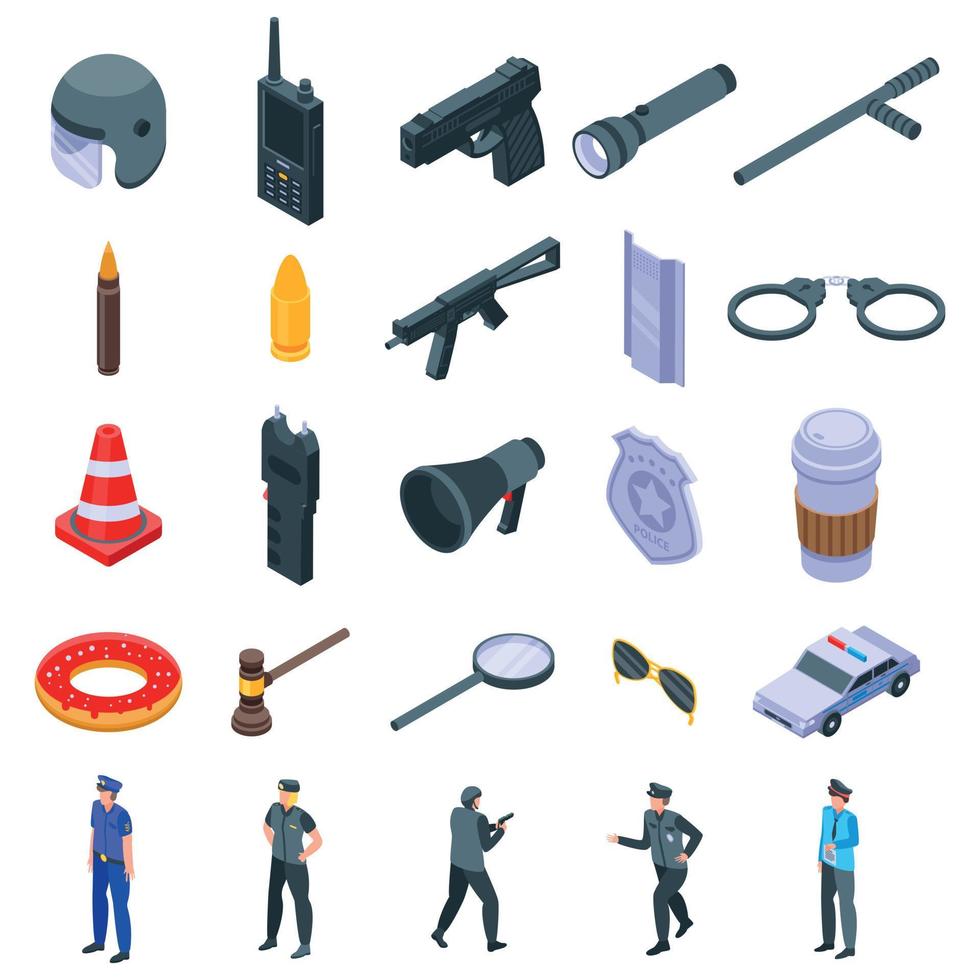 conjunto de ícones de equipamentos policiais, estilo isométrico vetor