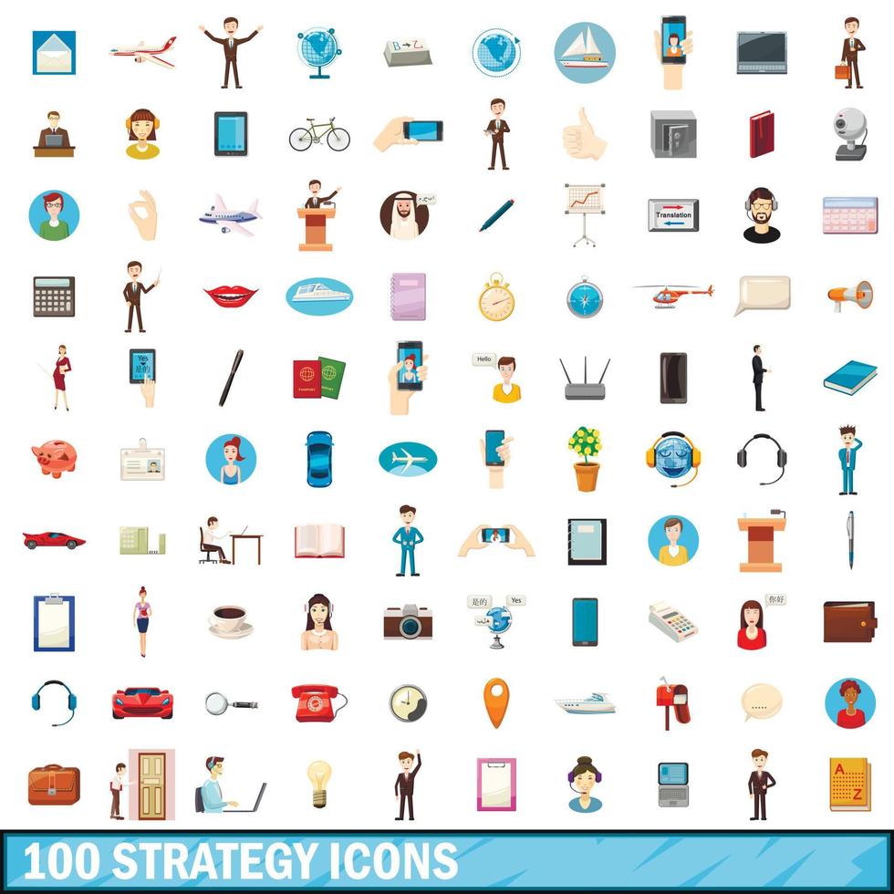 conjunto de 100 ícones de estratégia, estilo cartoon vetor