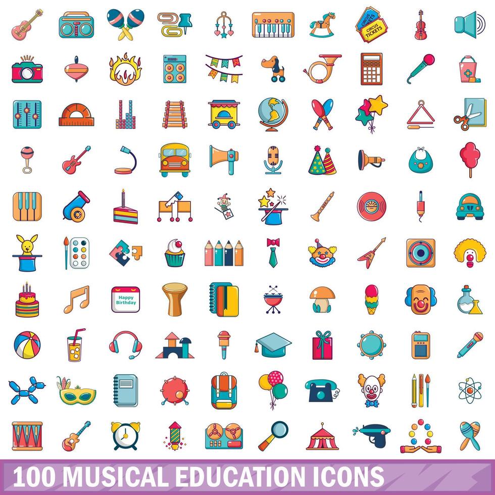 conjunto de 100 ícones de educação musical, estilo cartoon vetor