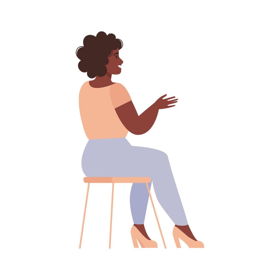 personagem feminina sentada em uma cadeira e conversando. ilustração vetorial plana. vetor