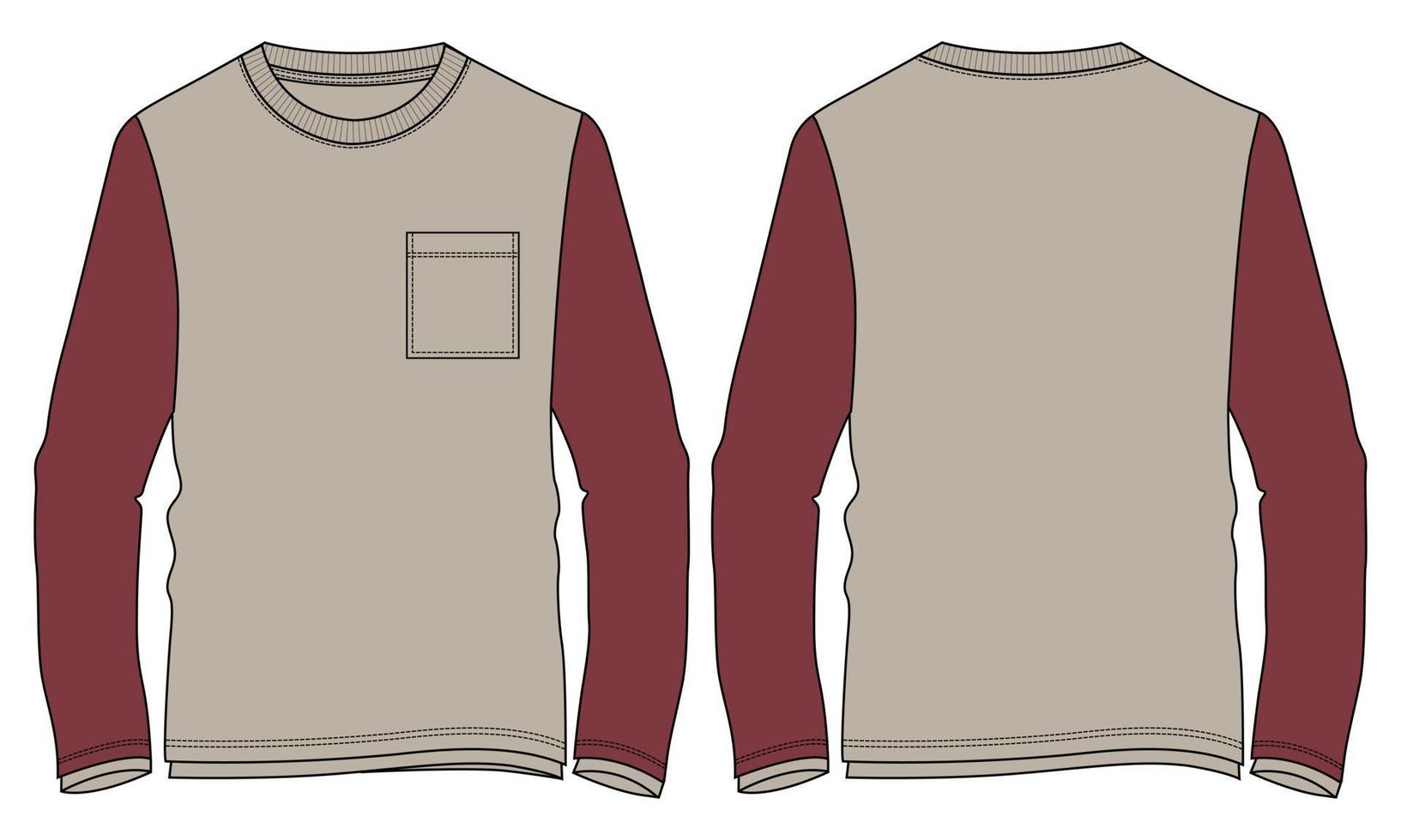 modelo de ilustração vetorial de camiseta de manga longa de cor de dois tons vistas frontal e traseira vetor
