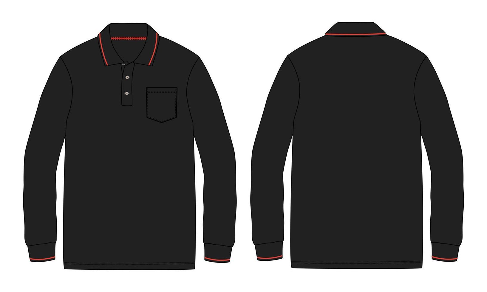 camisa polo de manga comprida com bolso técnico moda esboço plano ilustração vetorial cor preta mock up modelo frente e verso vistas isoladas no fundo branco. vetor