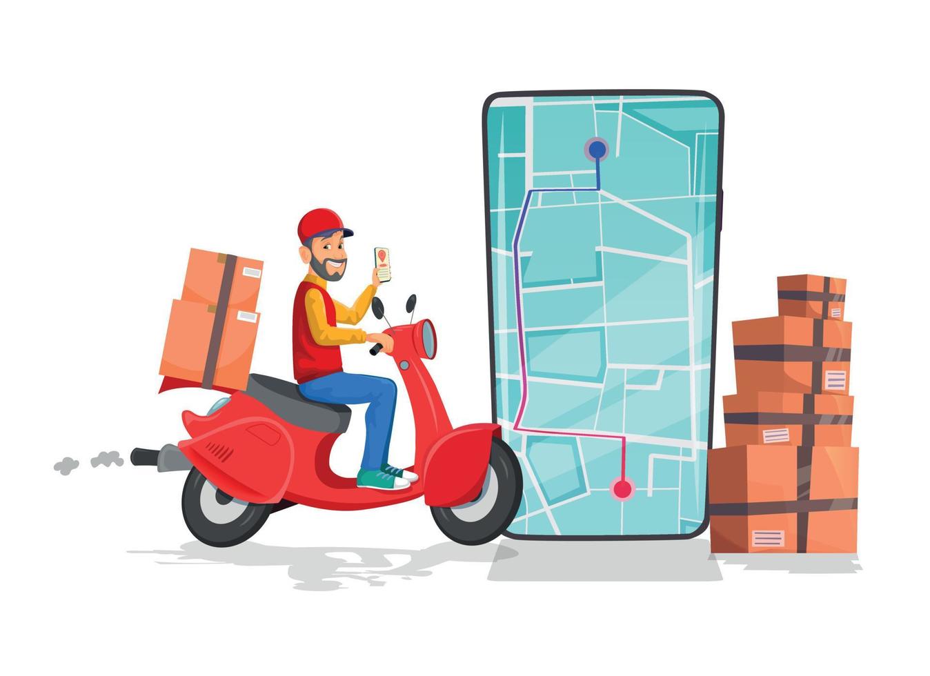 pedido on-line e entrega pelo conceito de scooter com caixas e localizador de mapa em um telefone celular vetor