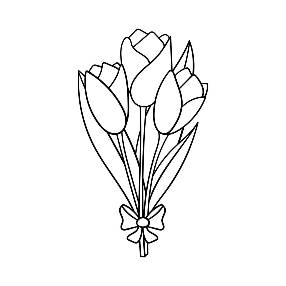um buquê de tulipas com folhas e um laço. elemento decorativo para o dia dos namorados. um objeto de design de contorno simples é desenhado à mão e isolado em branco. doodle style.ilustração em vetor branco preto