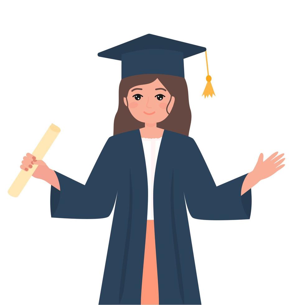 menina com chapéu de formatura na cabeça segurando o diploma, ilustração vetorial plana isolada no fundo branco. garota de graduação feliz, cap. vetor