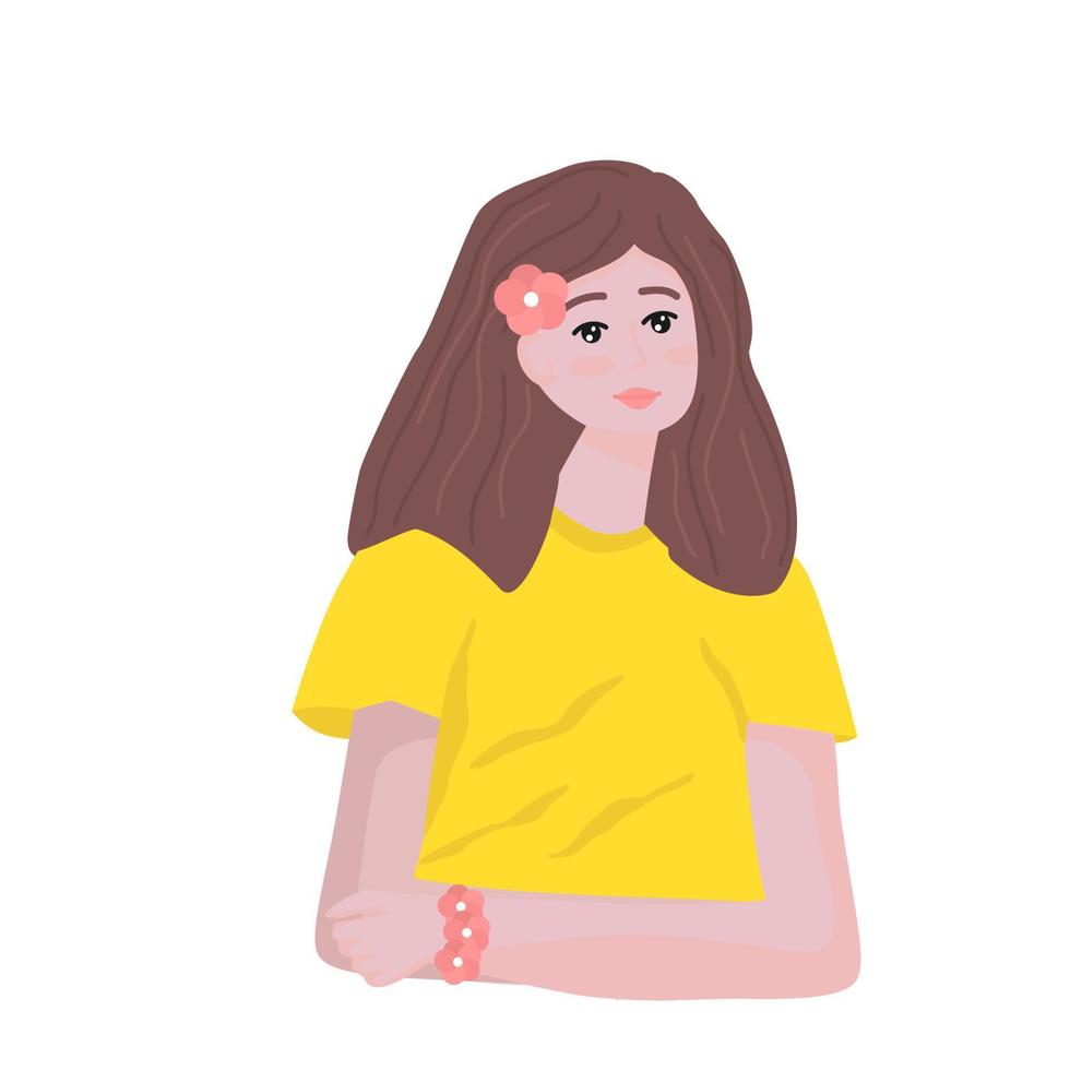 jovem fêmea com flor no cabelo e pulseira de floração. uma linda garota sonhando. ilustração vetorial. senhora personagem para design, decoração, cartões, estampas, banners e cartazes. vetor