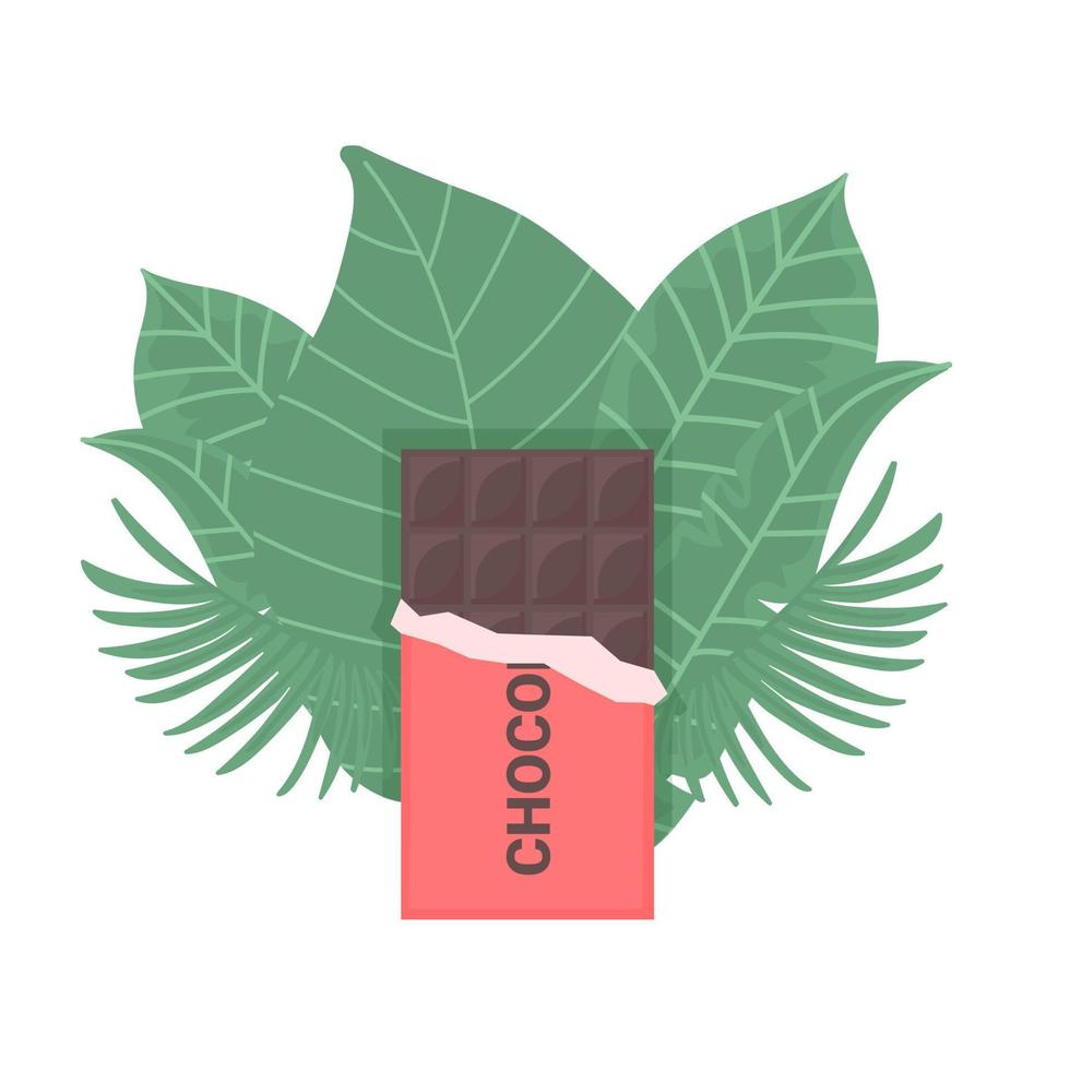 barra de chocolate entre folhas verdes. embalagem aberta de chocolate. isolado na ilustração vetorial de fundo branco em estilo simples. vetor