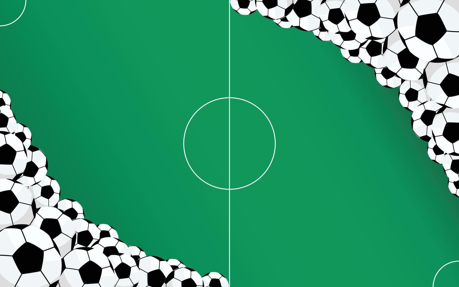 modelo de plano de fundo com tema de futebol com muitas bolas de futebol nos cantos e um campo de futebol no meio. vetor