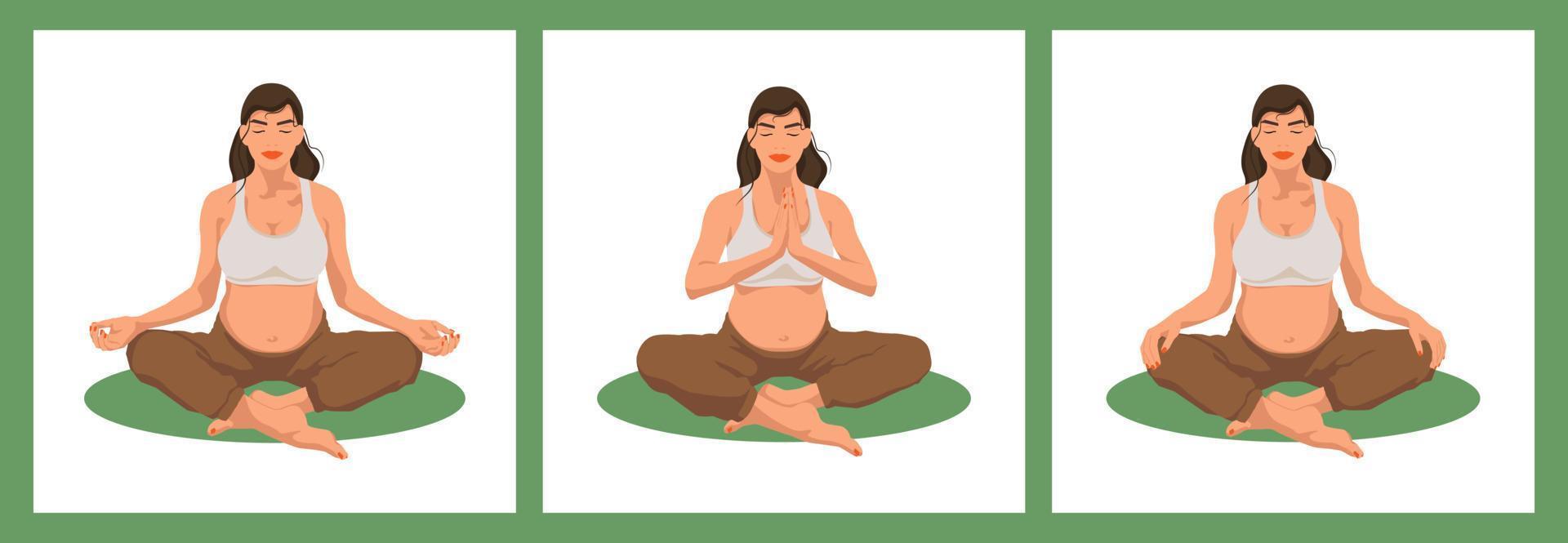 conjunto de poses de ioga para mulheres grávidas, exercícios pré-natais. mulher grávida sentada em pose de lótus. ilustração conceitual para ioga, meditação, relaxamento, descanso, estilo de vida saudável. ilustração vetorial. vetor