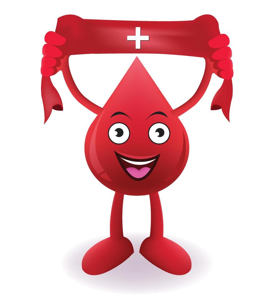 desenho animado sorrindo sangue com doar sangue gota sinal vermelho na toalha vetor