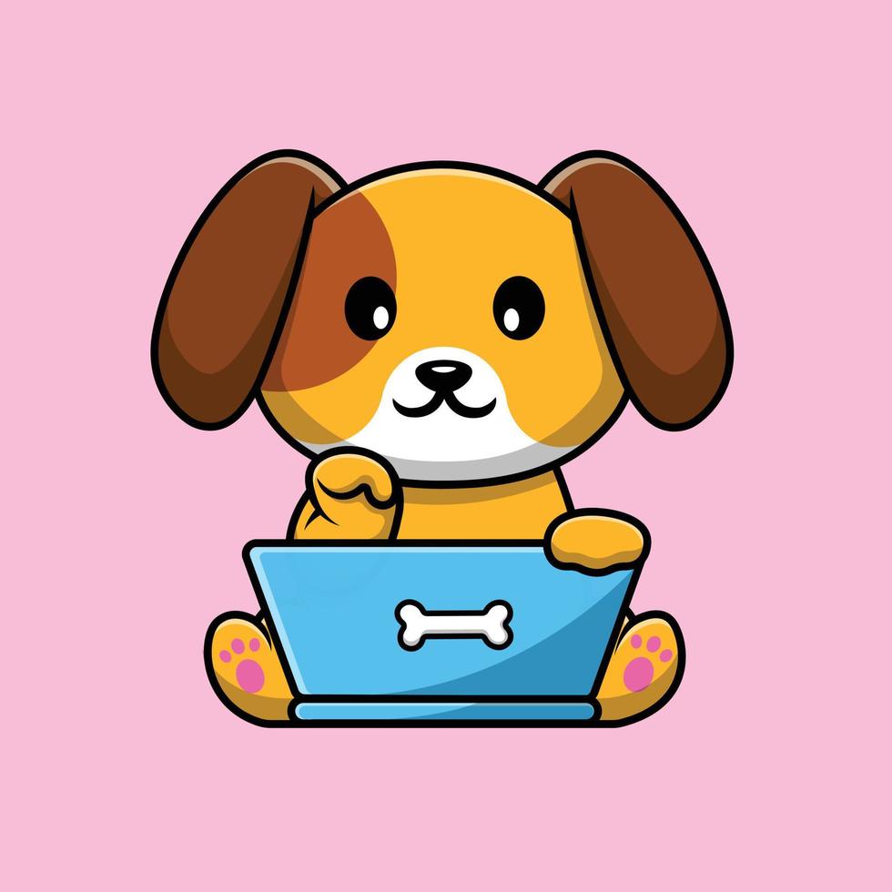 cão bonito jogando ilustração de ícone de vetor dos desenhos animados de laptop. animal tecnologia ícone conceito isolado vetor premium.