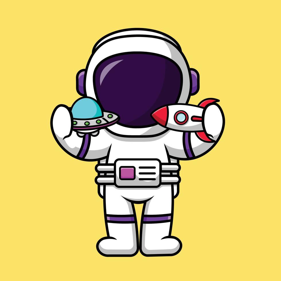 astronauta bonito jogando ufo e ilustração de ícone de desenho animado de brinquedo de foguete. ciência tecnologia ícone conceito isolado vetor premium.