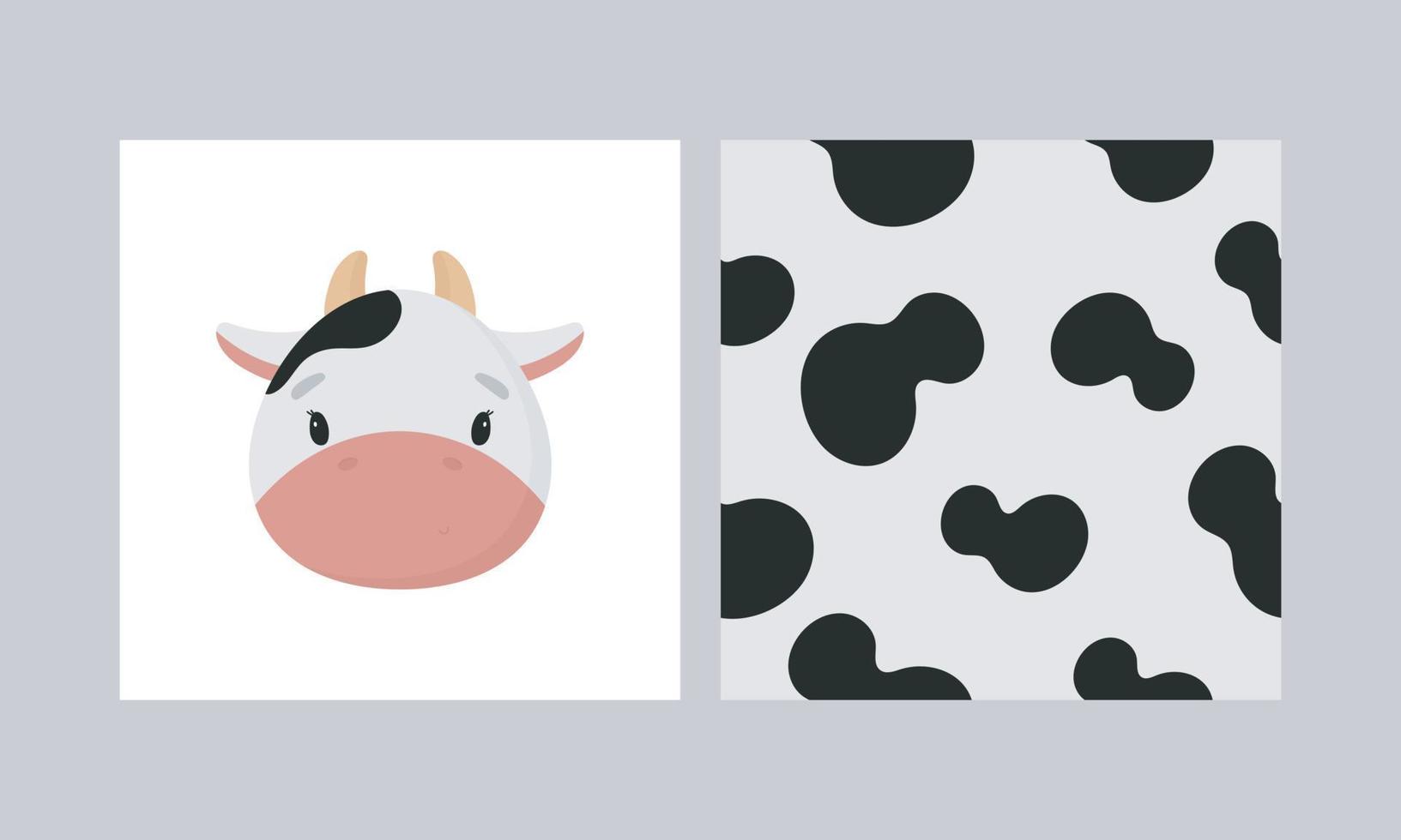 impressão vetorial com vaca fofa e padrão perfeito. estilo de desenho animado. vetor
