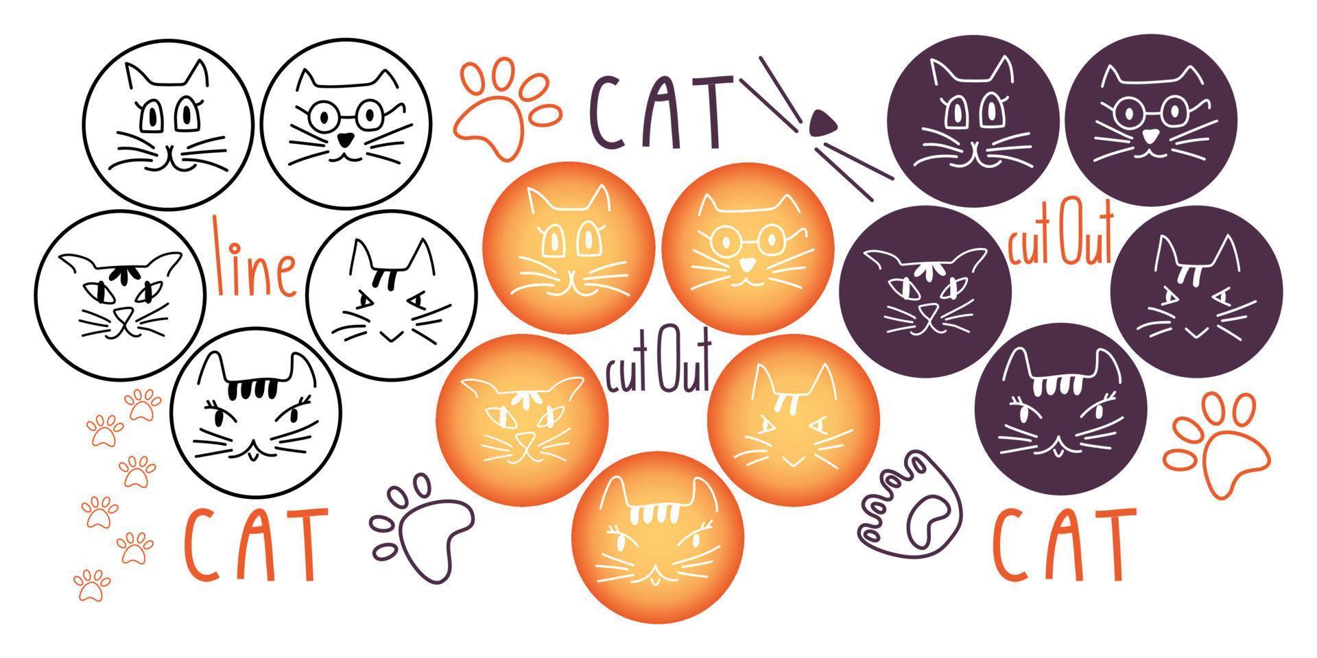 cabeça de gato, cara de gatinho, pow, contorno e recorte doodle. cabeça de animal de estimação desenhada à mão para abrigo infantil ou animal de estimação, design veterinário. ilustração vetorial isolada em branco vetor