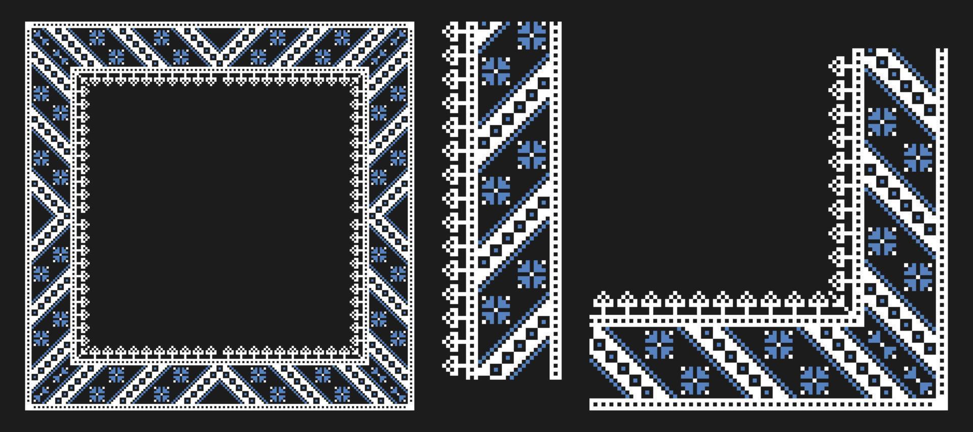 moldura rendada, canto e borda com pixel vyshyvanka bordado ucraniano ou moldura de filigrana projetada quadrada para design ornamental clássico vetor