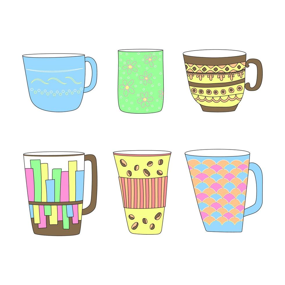 conjunto de design desenhado à mão de copo e caneca. copo colorido, copo para chá, café, água qualquer bebida. ilustração vetorial isolada nas costas brancas vetor