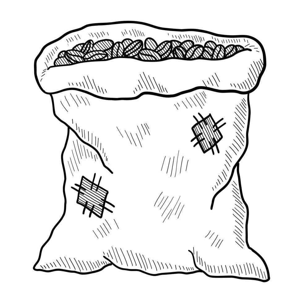 ilustração em vetor de um saco de grãos de café isolado em um fundo branco. rabisco desenho a mão
