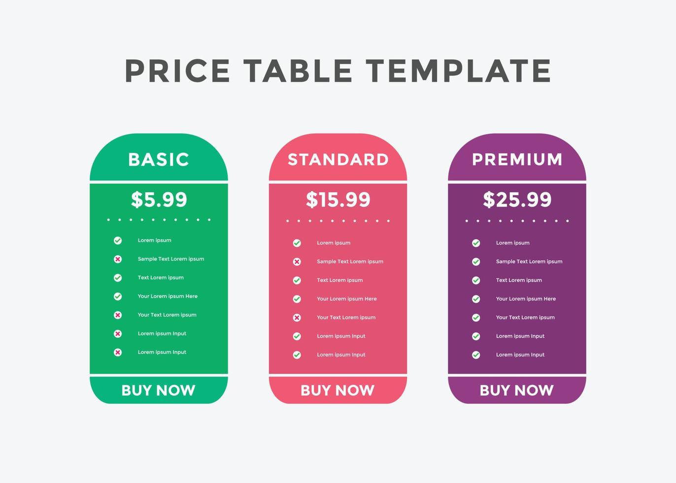modelo de preços de comparação colorida. preços ou tabela de preços do plano de assinatura. modelo de tabela de preços vetor